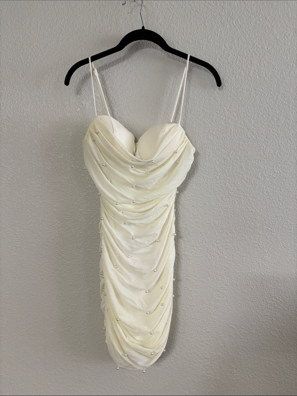 privy Cream Pearl-Embellished Draped Mini Dress